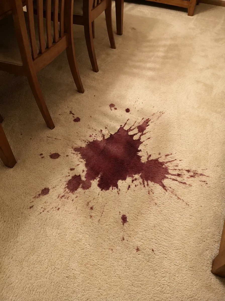 Carpet with a large red wine spill stain before cleaning
